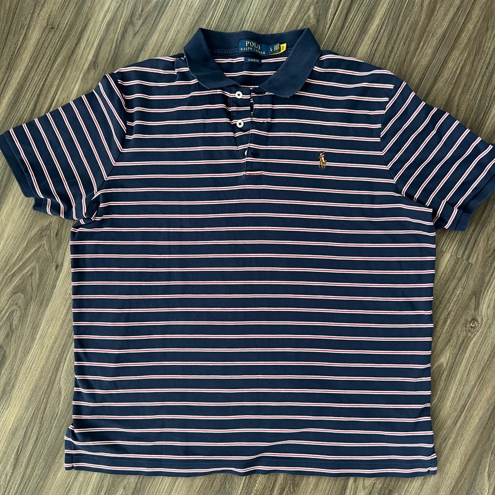 Polo Ralph Lauren Navy Blue & Red Striped Short Sleeve Polo Shirt Classic Fit‎